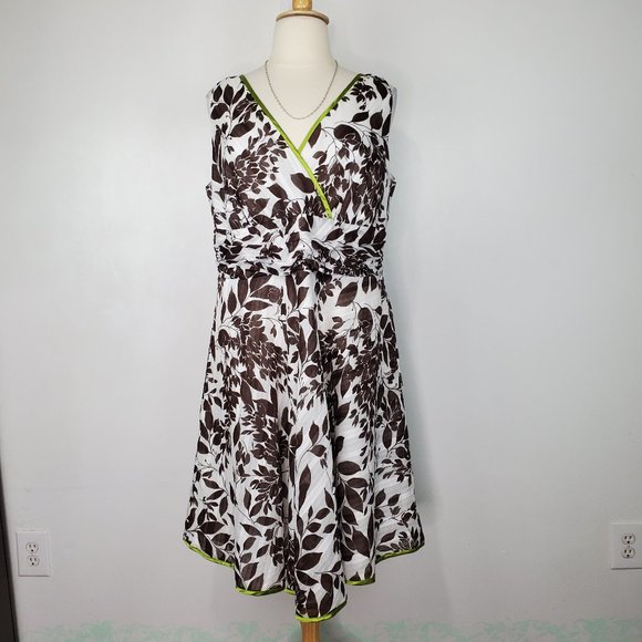 Robbie Bee Brown White Green Leaf Leaves V-Neck Sleeveless Dress Size 22W - Picture 1 of 15